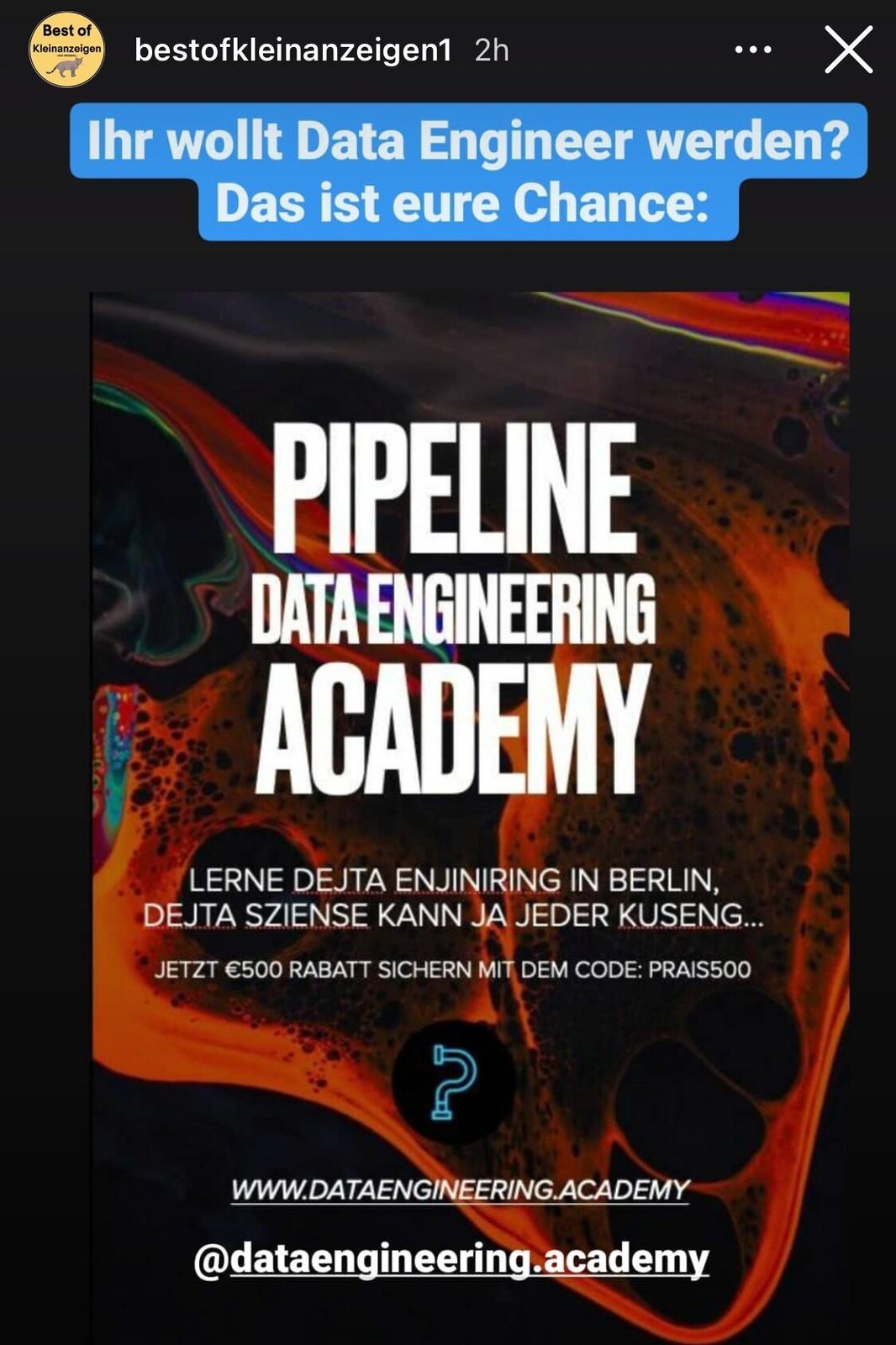 Instagram post from Best of Kleinanzeigen showing a Pipeline Academy advert